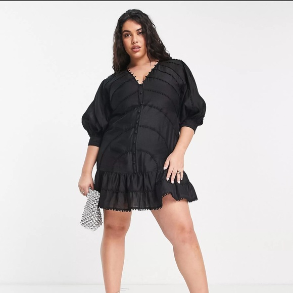 ASOS DESIGN Curve structured mini dress with lace trim detail + puff sleeve US16 - Picture 1 of 4